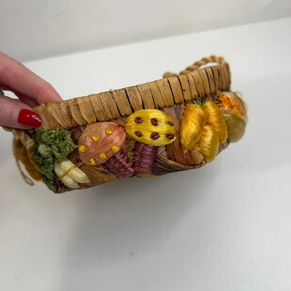 Vintage Woven Straw Basket Mushrooms‎ Vegetable Fruit Raffia Philippines Boho